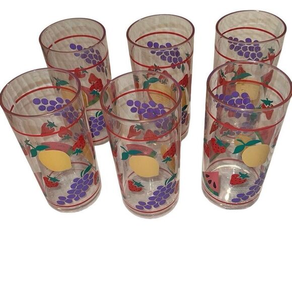 Leahy Designs Multicolor Fruits Tall Plastic Drinking Glasses Set of 6 - Picture 1 of 5